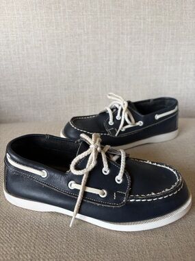 Sperry Top Siders Size 12 Kids Navy Leather Boat Shoes with White Laces